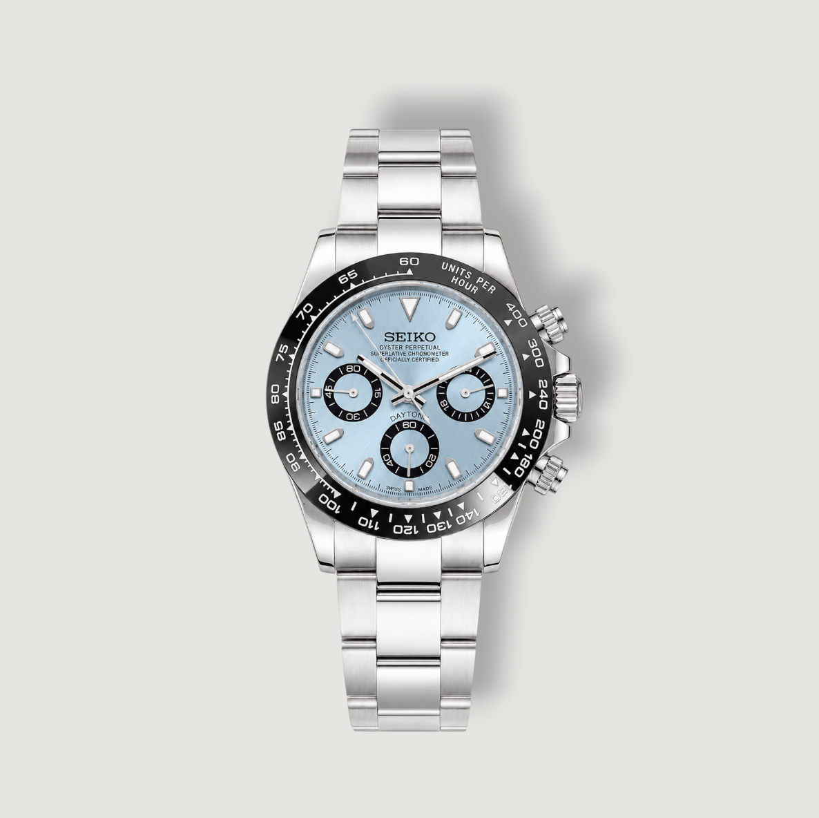 Montre Seiko mod cadran bleu glacier, lunette noire graduée, style Daytona, bracelet acier