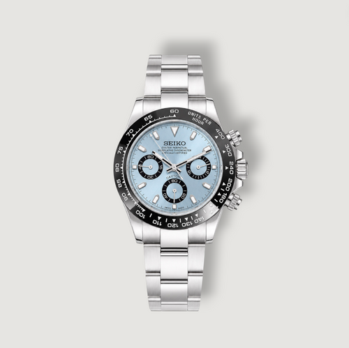 Montre Seiko mod cadran bleu glacier, lunette noire graduée, style Daytona, bracelet acier